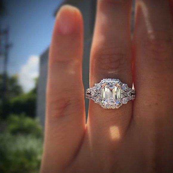 NEW 925 Silver Emerald Cut Diamond Halo Ring - Picture 4 of 7